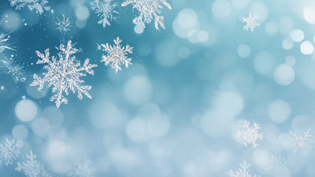A refined winter aesthetic with glowing bokeh and snowflakes around a clean center.