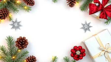Christmas background with fir branches, pine cones, gift boxes and snowflakes on white background. Flat lay, top view, copy space.の写真素材