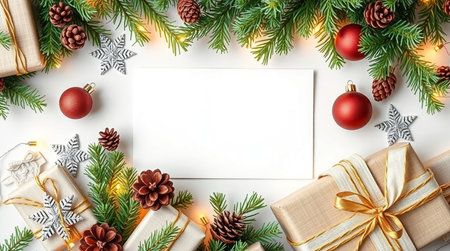 Christmas greeting card mockup with fir tree branches, gift boxes and decorations on white...