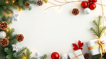 Christmas background with fir branches, pine cones, red and white balls, gift boxes and garland lights. Top view, copy space.の写真素材
