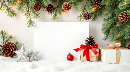 Christmas greeting card mockup with fir tree branches, gift boxes and decorations on white...