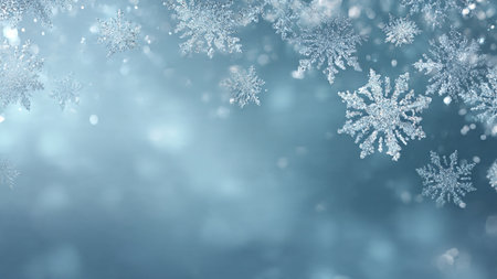 A delicate snowy backdrop with soft blue tones and glowing flakes arranged around a blank center.の写真素材