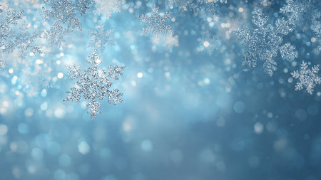 A vibrant winter scene featuring shimmering snowflakes and a smooth blue gradient.の写真素材