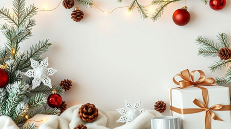 Christmas and New Year background with fir branches, gift boxes and decorations on white backgroundの写真素材