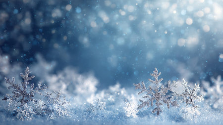 A glowing winter background with radiant snowflakes and dreamy bokeh, featuring a premium empty center.の写真素材
