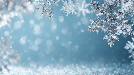A luxurious winter backdrop with premium bokeh and elegant snowflakes framing an empty text area.の写真素材