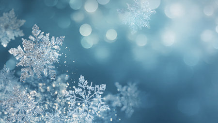 A halo-like snowflake arrangement around a bright and clean center on a soft blue gradient.の写真素材