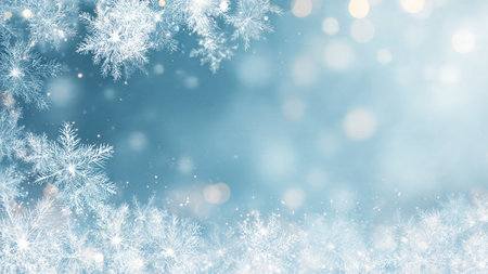 A soft blue winter gradient with sparkling snowflakes creating a halo effect around a clean, empty...