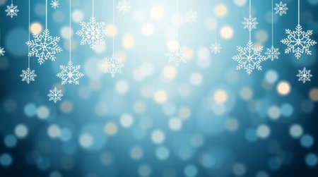 Christmas background with bokeh lights and snowflakes on blue