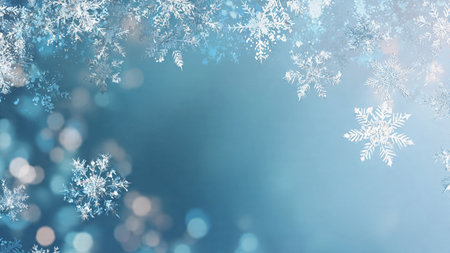 A delicate snowy backdrop with soft blue tones and glowing flakes arranged around a blank center.