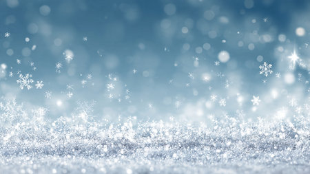 A refined winter scene with shining snowflakes across a cool blue gradient and a clean center for...