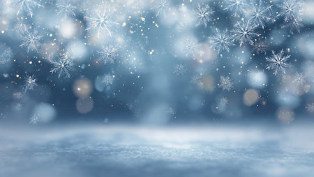 A glowing winter background with radiant snowflakes and soft bokeh glow.