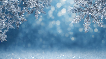 A silky blue gradient winter background decorated with shining snowflakes surrounding a text-ready space.の写真素材