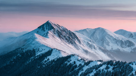 A calm mountain range blanketed in snow, lit softly by morning pastels and photographed with exceptional sharpness.の写真素材