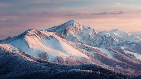 Pastel skies stretch over a breathtaking winter range.の写真素材