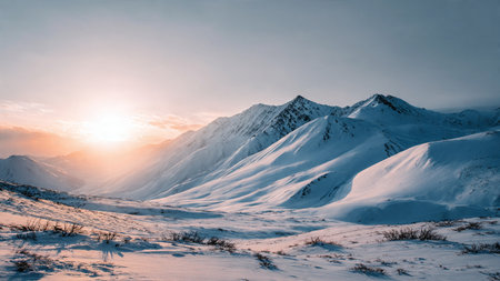 A glowing pastel sunrise illuminates snow-filled valleys.