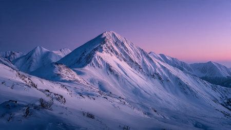 Ultra-sharp snowy peaks contrast with a soft, dreamy pastel dawn.