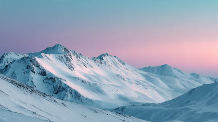 A pristine winter mountain range glows beneath a pastel sunrise, photographed with ultra-sharp clarity and a refreshing crisp-air atmosphere.の写真素材
