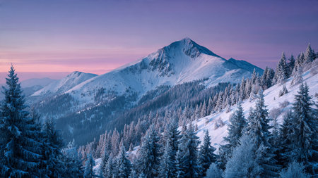 Soft pastel light enhances the snowy mountain contours, captured with exceptional sharpness for a premium winter visual.の写真素材