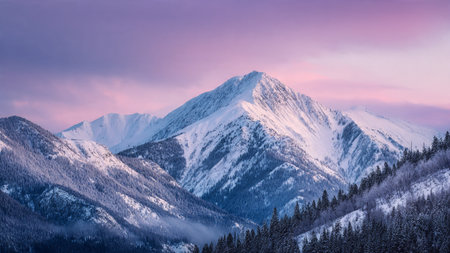 Snow-covered mountain slopes receive a pastel light wash.の写真素材