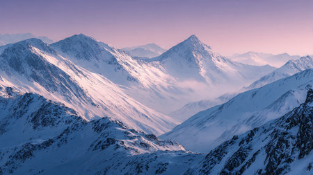 Snow-covered mountains stand tall beneath a beautifully soft dawn gradient.