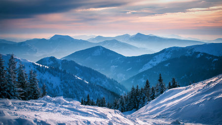 Pastel light glides gently across frozen slopes.