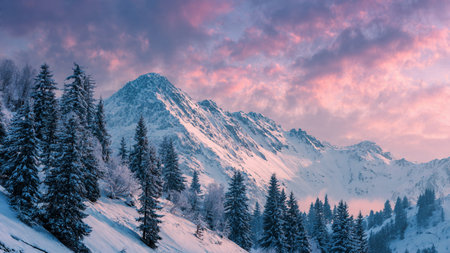 Soft pink hues illuminate highly detailed winter landscapes.