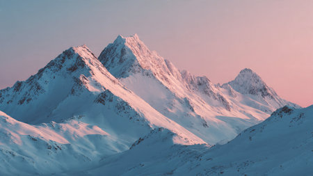 Hyper-detailed snow-covered mountains glow beneath a pastel sky.の写真素材