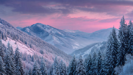 Crisp, cold air defines the frosty peaks illuminated by warm pastel morning colors.