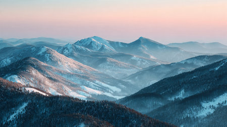 Gentle sunrise tones blend beautifully with snow-blanketed peaks, producing a peaceful winter landscape.の写真素材