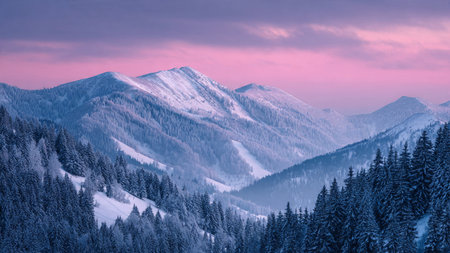 Soft pastel hues illuminate icy mountain peaks in crisp, high-definition winter detail.の写真素材