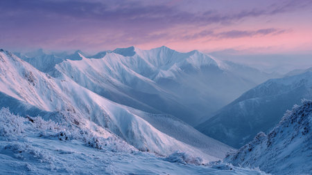 A refreshing winter glow spreads across icy mountains beneath a gentle multicolored dawn sky.