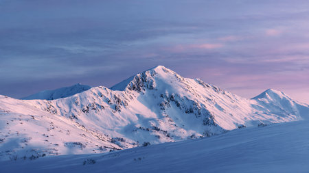 Soft dawn tones illuminate a rugged snowy ridge captured with extraordinary clarity.