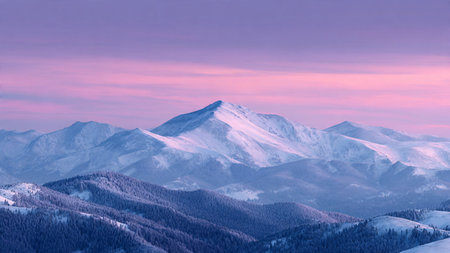 Sharp frozen peaks bask in delicate pastel hues.
