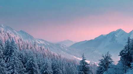 The rising sun casts pastel reflections across glacier-coated mountain slopes.の写真素材