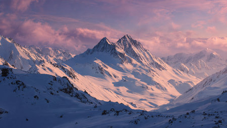 Soft gradients illuminate the frosty mountain contours.