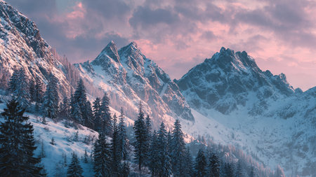 A cool pastel morning glow rests atop snowy plateaus.
