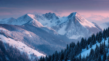 The mountains rest quietly beneath a warming pastel sky.