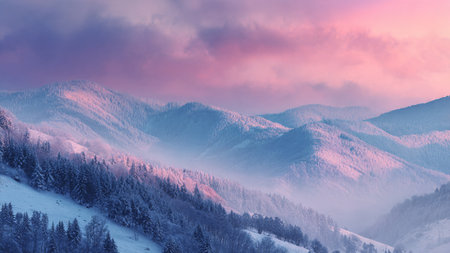 A peaceful pastel sky illuminates crisp, snow-covered mountain scenery.