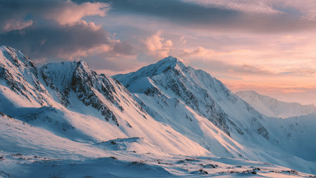 Soft pastel hues illuminate icy mountain peaks in crisp, high-definition winter detail.