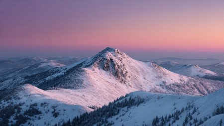 Soft sunrise colors illuminate crisp frozen terrain.の写真素材