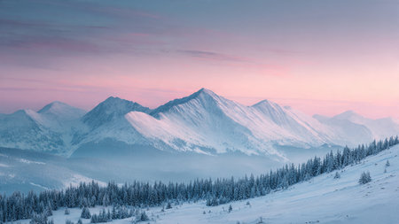 Soft, dreamy colors coat the snowy mountain valleys and peaks.の写真素材
