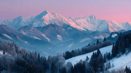 A blush-pink sky elevates the pristine snowy ridge captured in remarkable detail.