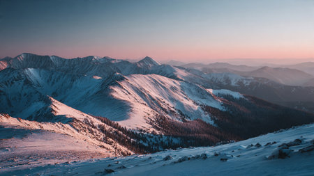 Snow-covered peaks glow under a gentle sunrise, blending pastel skies with crystal-clear winter atmosphere.の写真素材