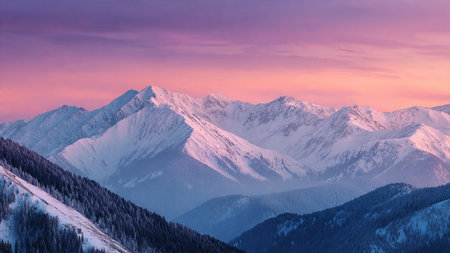 A calm pastel blue sky meets crisp winter mountains.
