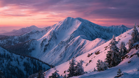 A tranquil pastel sunrise reveals clean, sharp snowy peaks.