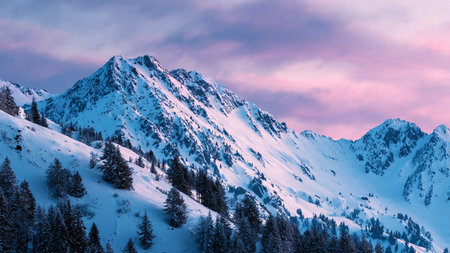 Daybreak's pastel glow gently touches pristine mountain snow.