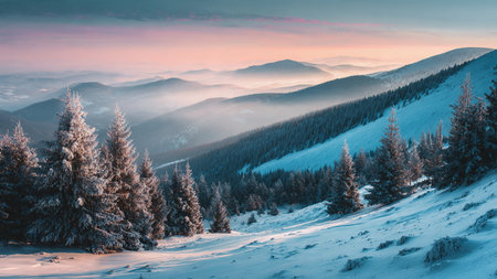 A soft pastel sky hovers above misty snow-capped peaks.の写真素材