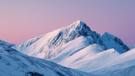 Soft dawn light enhances crisp, snow-covered mountainous landscapes.