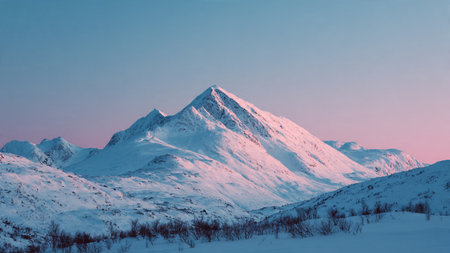 Fresh snow and pastel skies combine to create a serene sunrise mountain view.